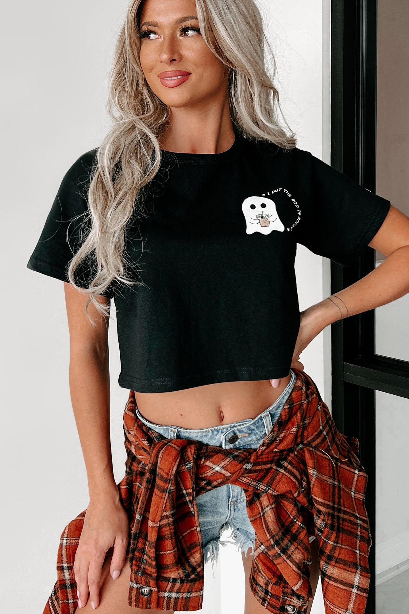 "Boo In Boujee" Cropped Graphic Tee (Black) - Print On Demand - NanaMacs