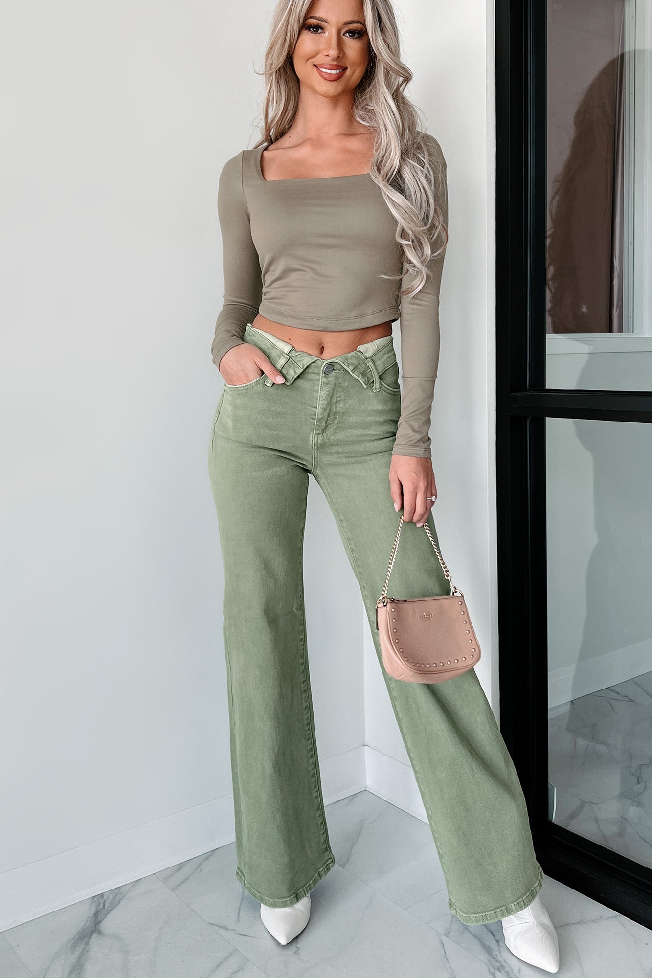 Birdie Square Neck Long Sleeve Crop Top (Dark Taupe) - NanaMacs