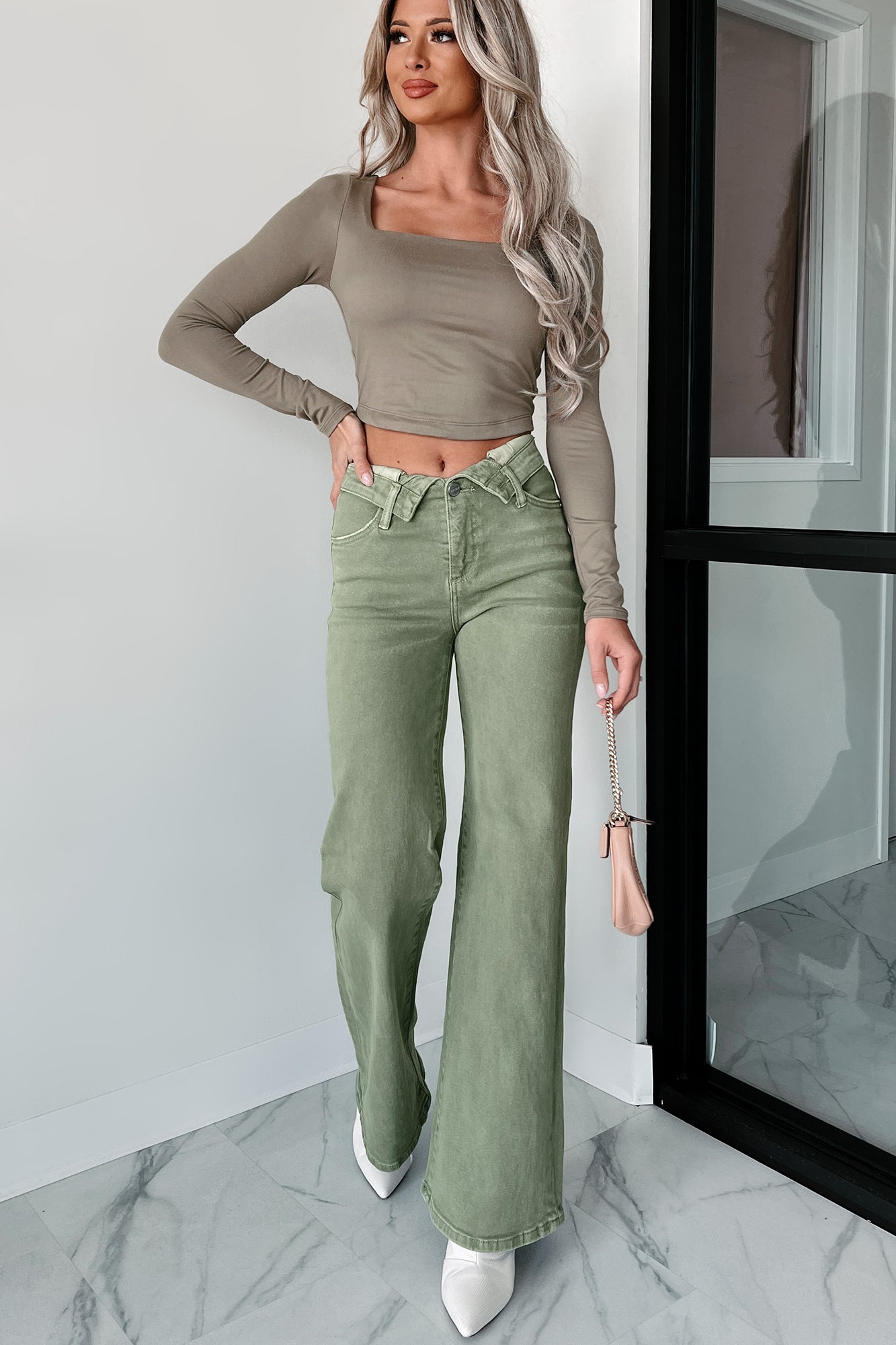 Birdie Square Neck Long Sleeve Crop Top (Dark Taupe) - NanaMacs