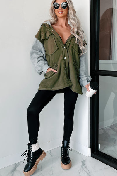 Casually Basic Oversized Fleece Hooded Jacket (Olive/Gray) - NanaMacs