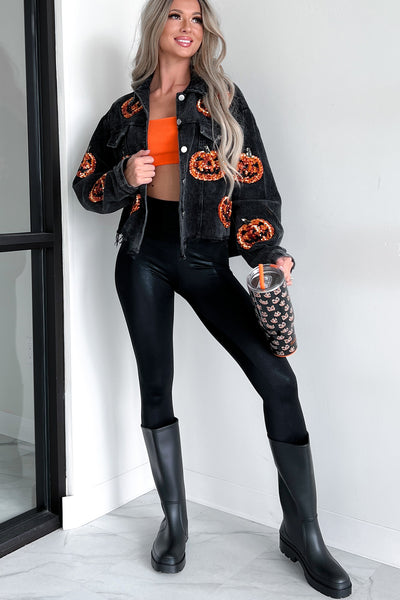 Pumpkin Patrol Pumpkin Sequin Corduroy Jacket (Black Charcoal) - NanaMacs