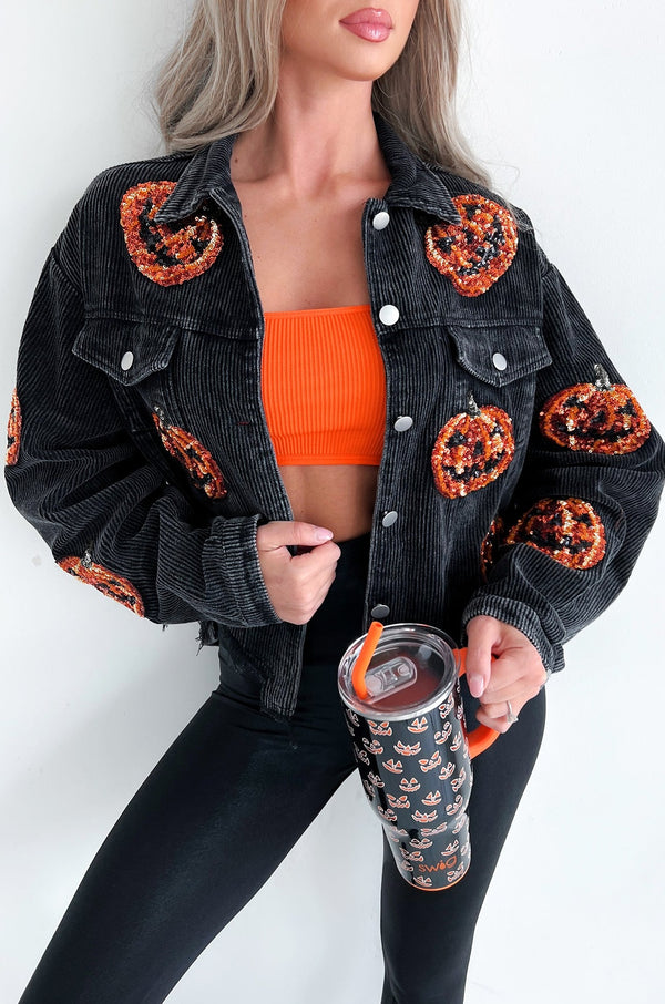 Pumpkin Patrol Pumpkin Sequin Corduroy Jacket (Black Charcoal) - NanaMacs
