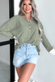 Forcing The Issue Mixed Knit Oversized Henley Top (Olive) - NanaMacs