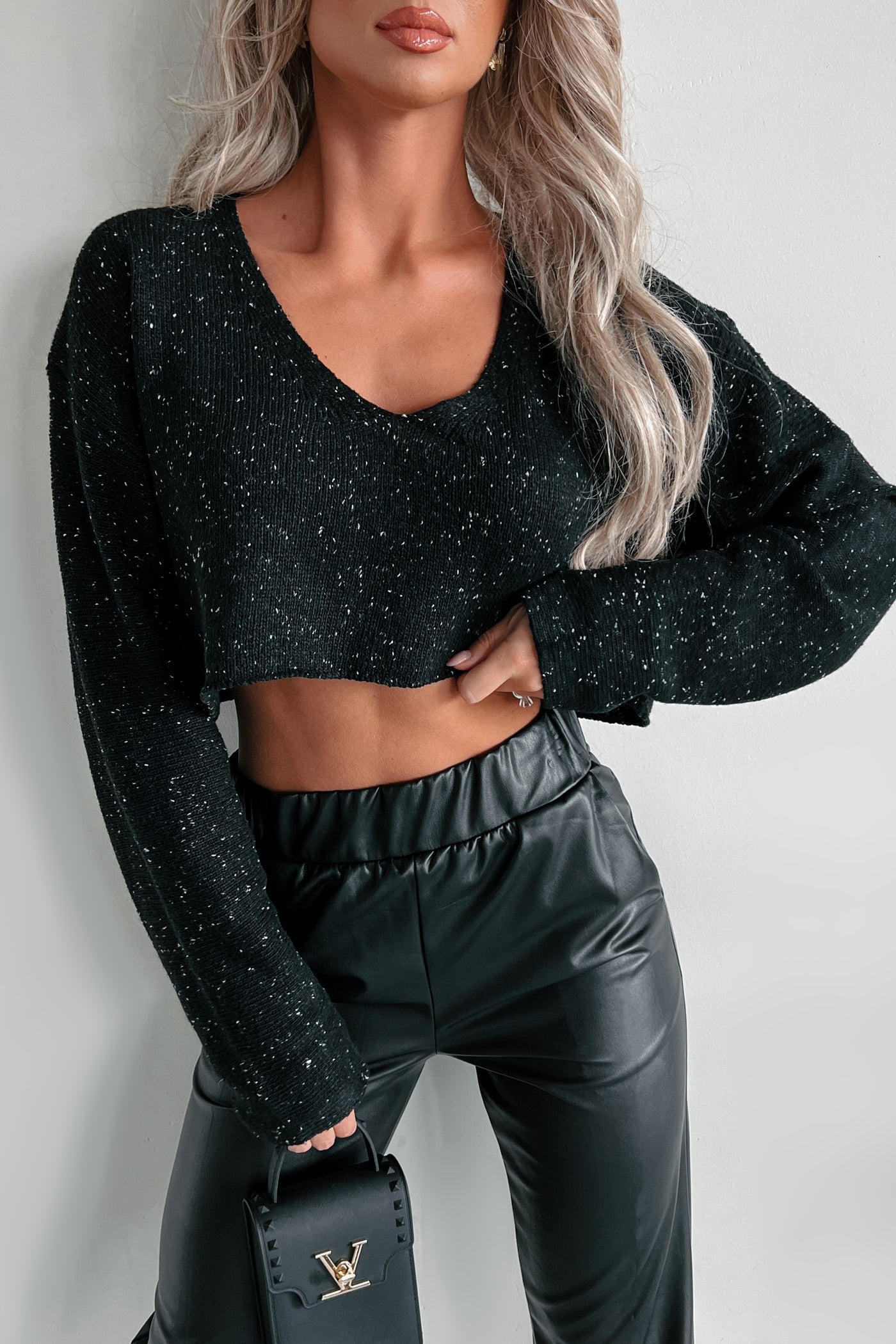 Last To Leave Speckle Knit Crop Sweater (Black) - NanaMacs