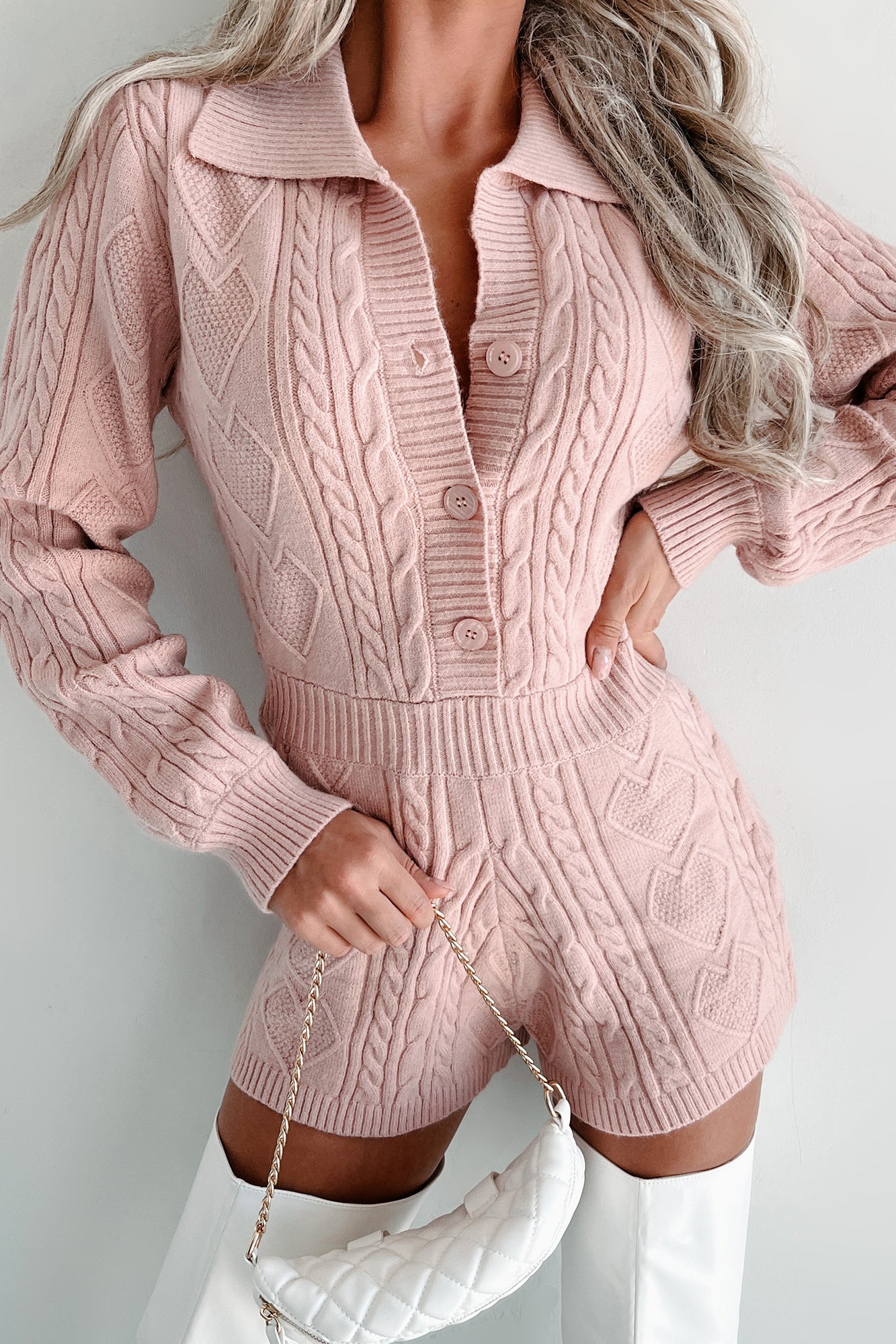 Wintry Dreams Cable Knit Romper (Light Pink) - NanaMacs