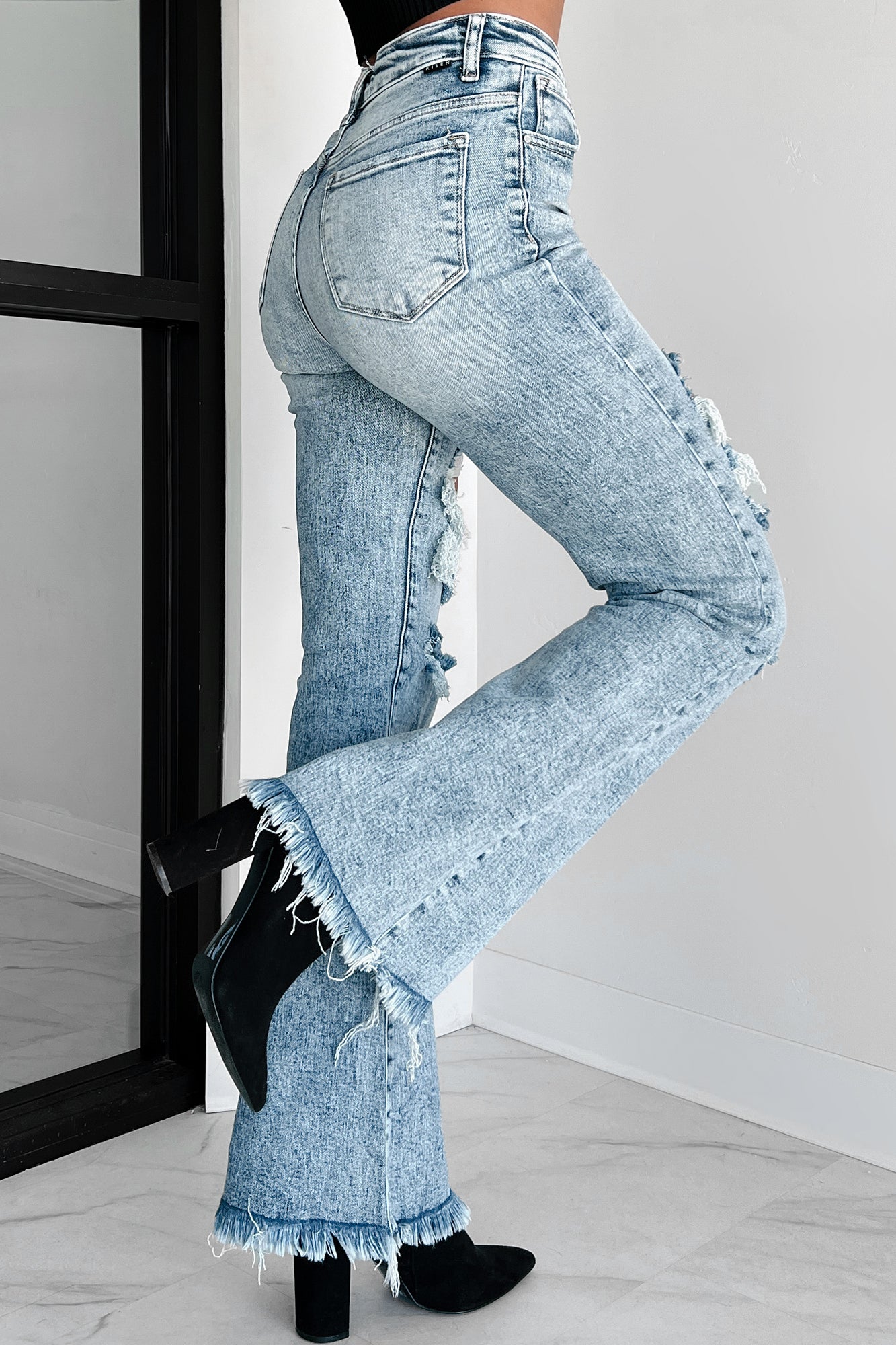 Evangeline High Rise Distressed Risen Flare Jeans (Medium Acid) - NanaMacs