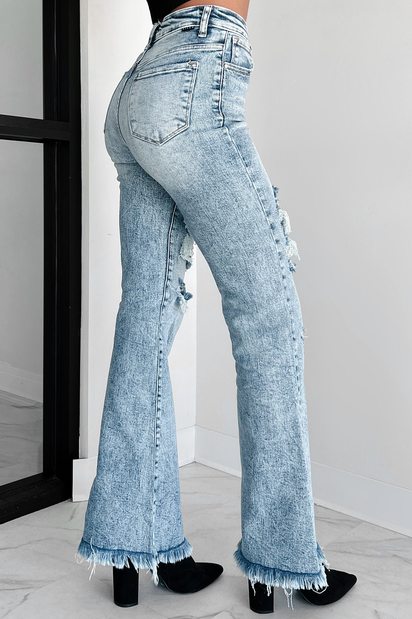 Evangeline High Rise Distressed Risen Flare Jeans (Medium Acid