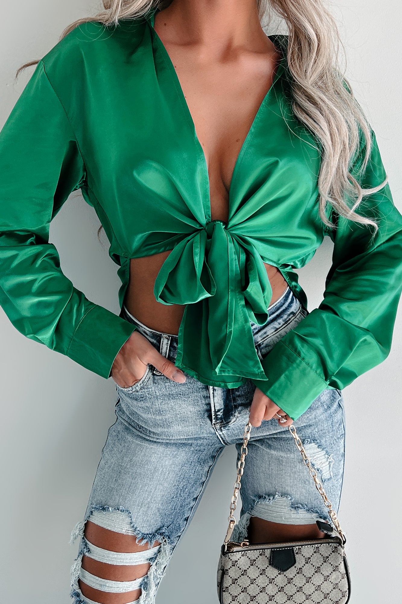 Achieving Greatness Tie-Front Satin Top (Green) - NanaMacs