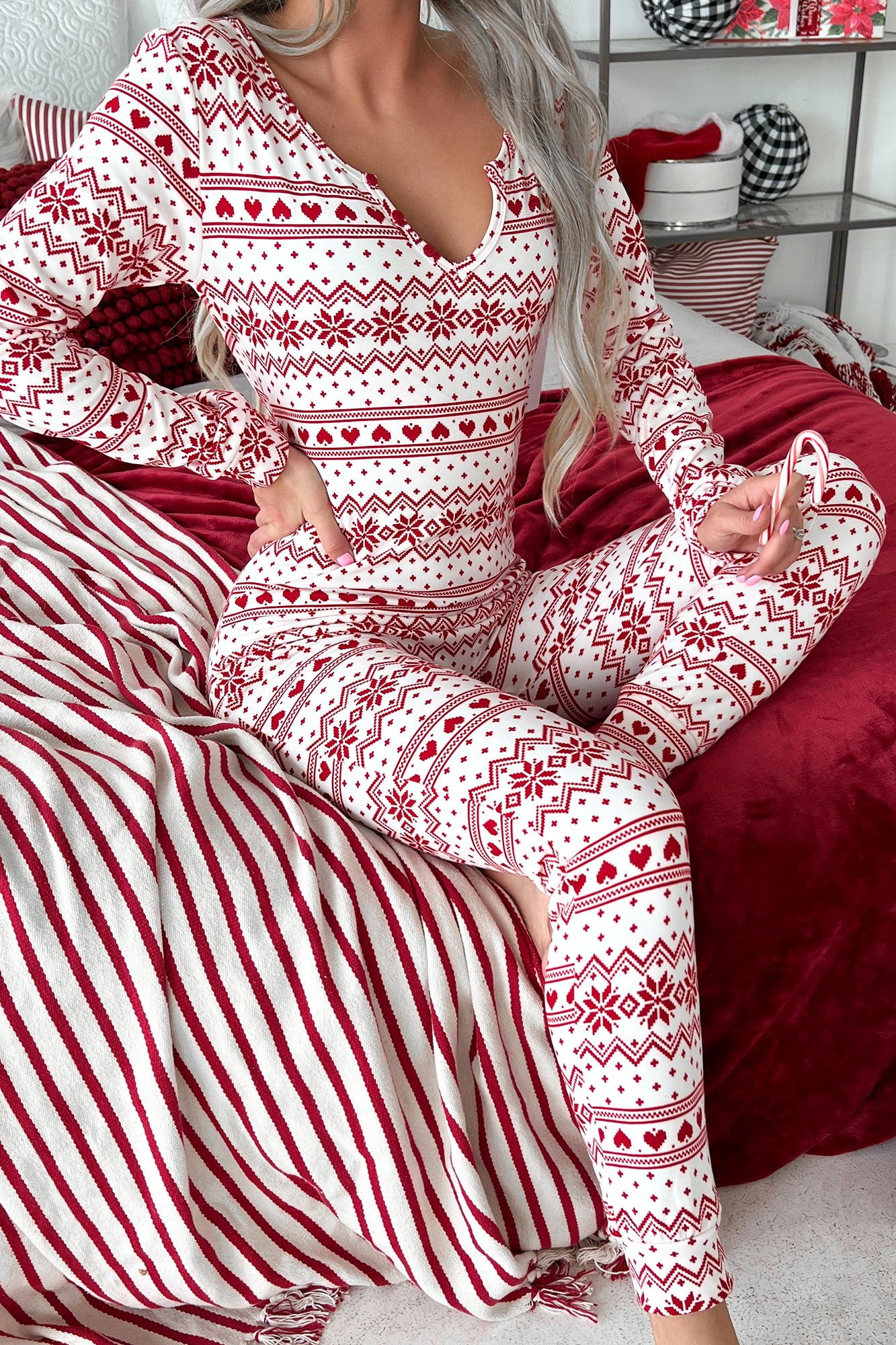 Feeling Like Christmas Printed Onesie Jumpsuit (Red/White) - NanaMacs