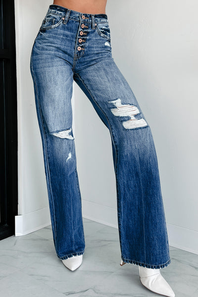 Renton High Rise Button Fly 90's Distressed Kancan Flare Jeans (Medium) - NanaMacs