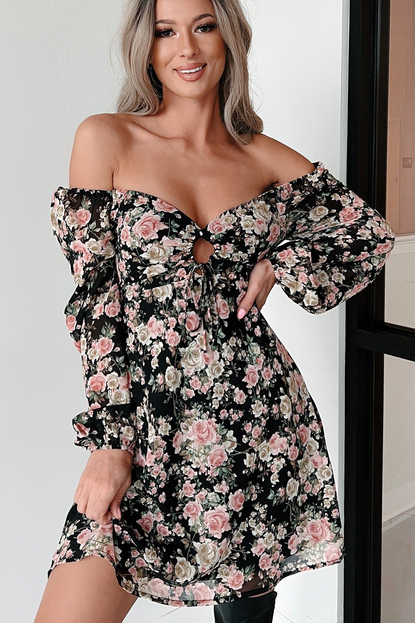 Take It In Stride Long Sleeve Floral Mini Dress (Black Multi) - NanaMacs