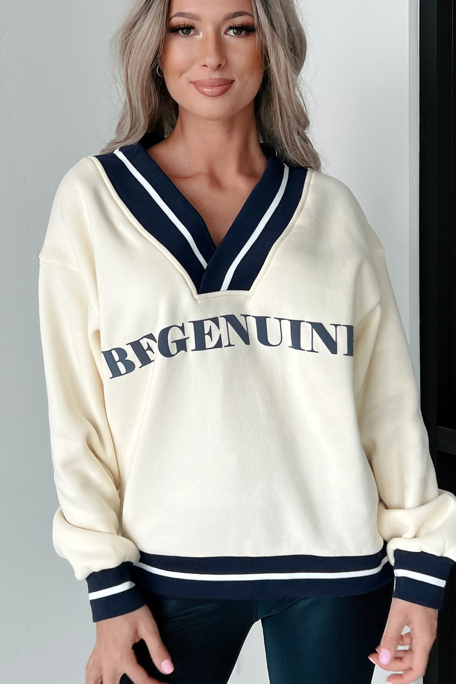 "Be Genuine" Varsity Stripe Graphic Sweater (Cream) - NanaMacs