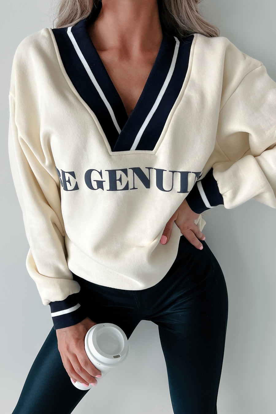 "Be Genuine" Varsity Stripe Graphic Sweater (Cream) - NanaMacs