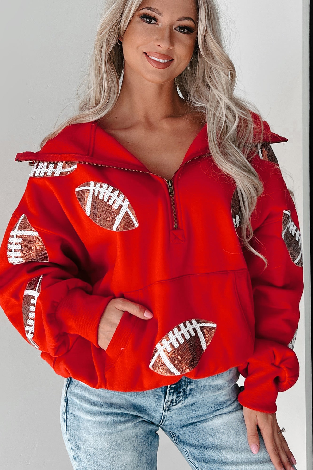 Kickoff Time Half-Zip Sequin Football Patch Hoodie (Red) - NanaMacs