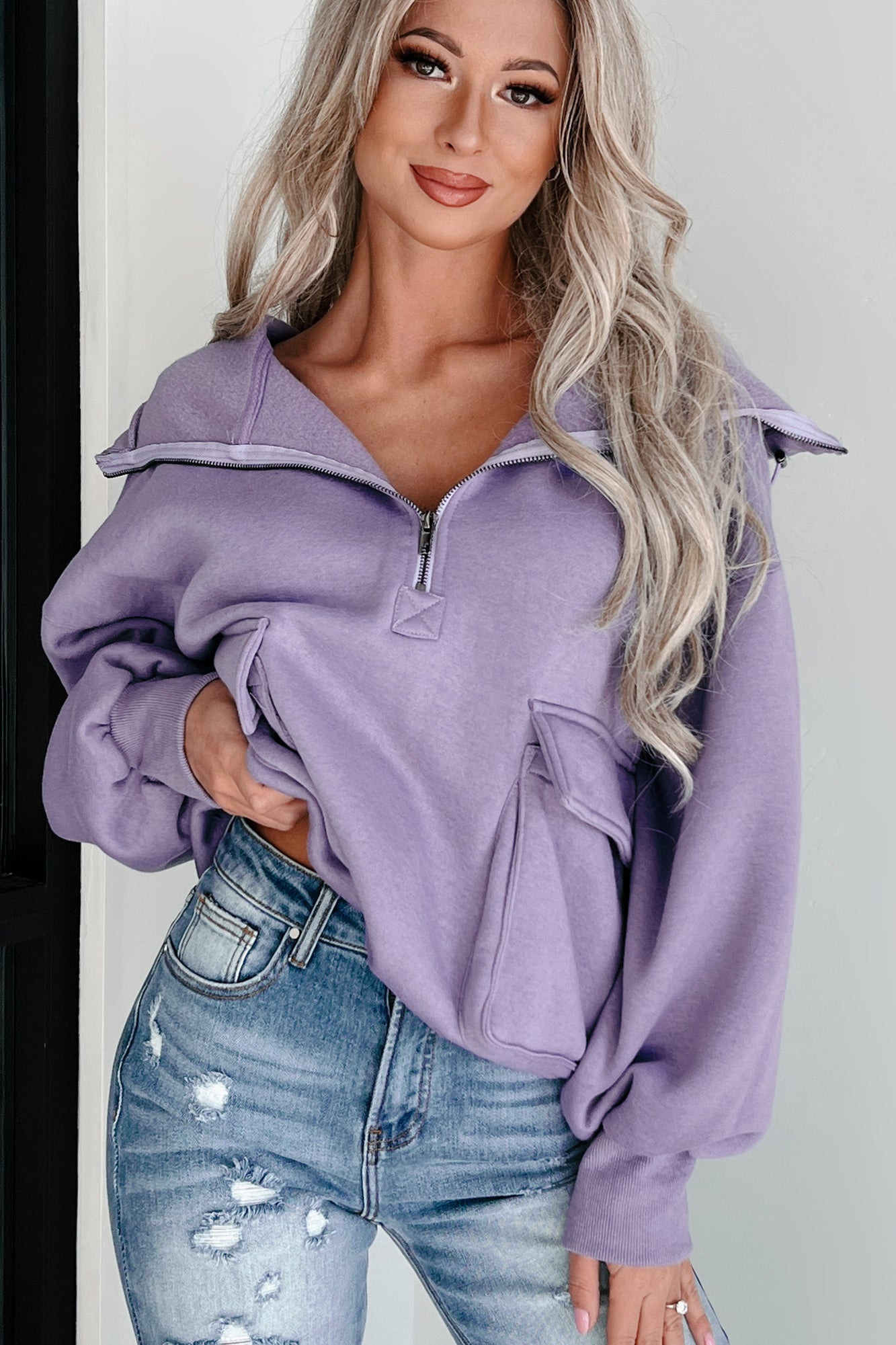 She's Cool Cargo Pocket Half-Zip Hoodie (Periwinkle) - NanaMacs