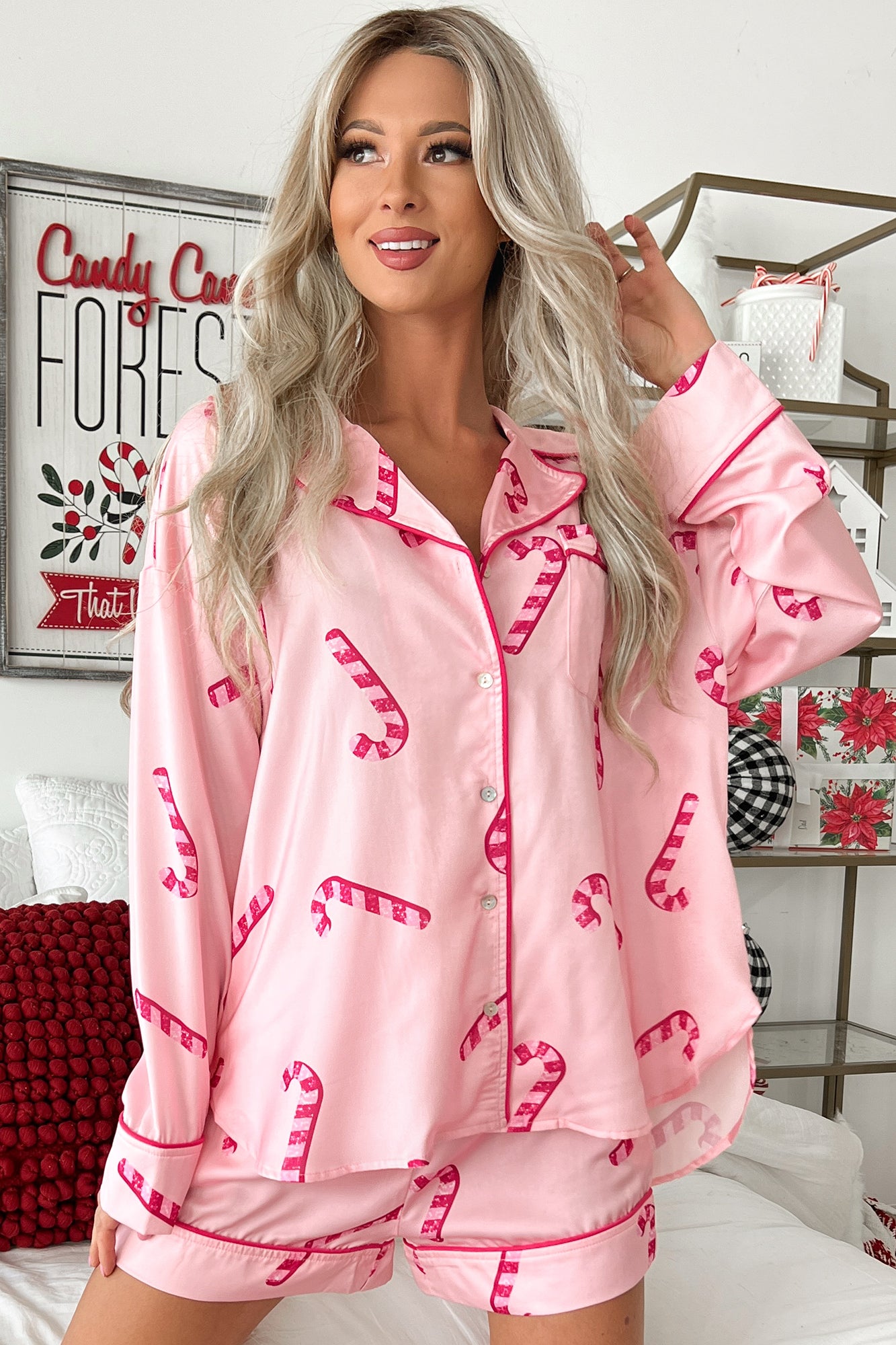 Candy Cane Dreams Printed Satin Pajama Set (Light Pink)