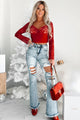 Leave You In Awe Lace Detail Long Sleeve Crop Top (Red) - NanaMacs