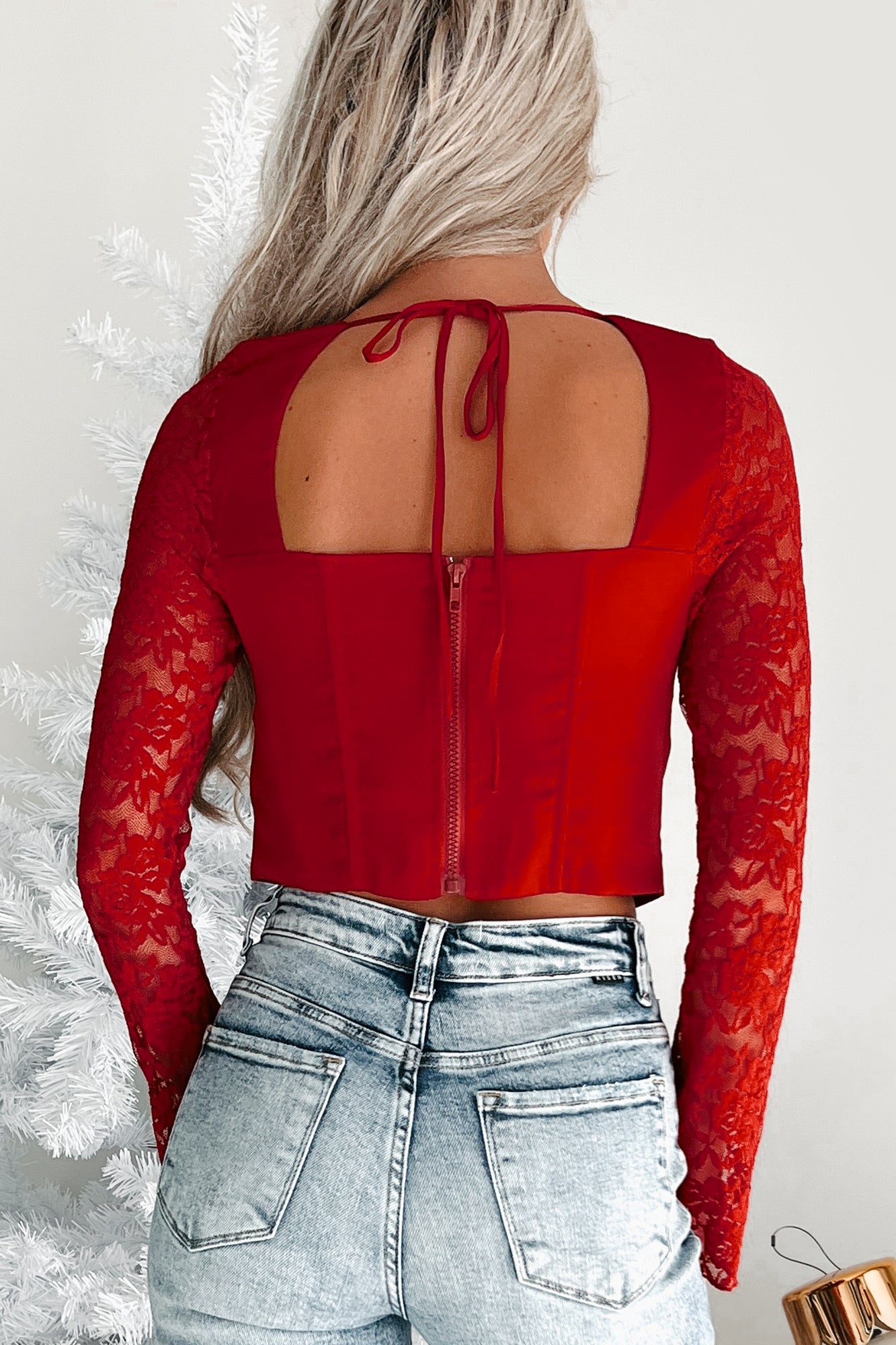 Leave You In Awe Lace Detail Long Sleeve Crop Top (Red) · NanaMacs