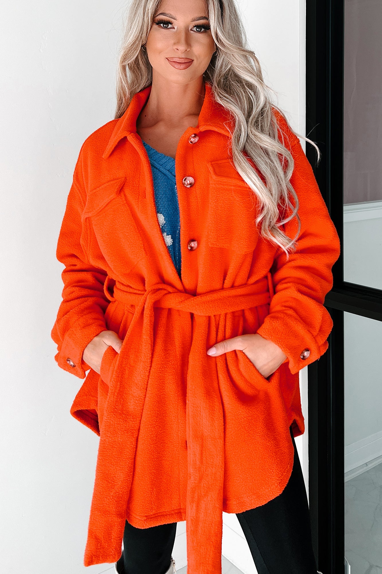 Jayda Belted Fleece Shacket (Orange) - NanaMacs
