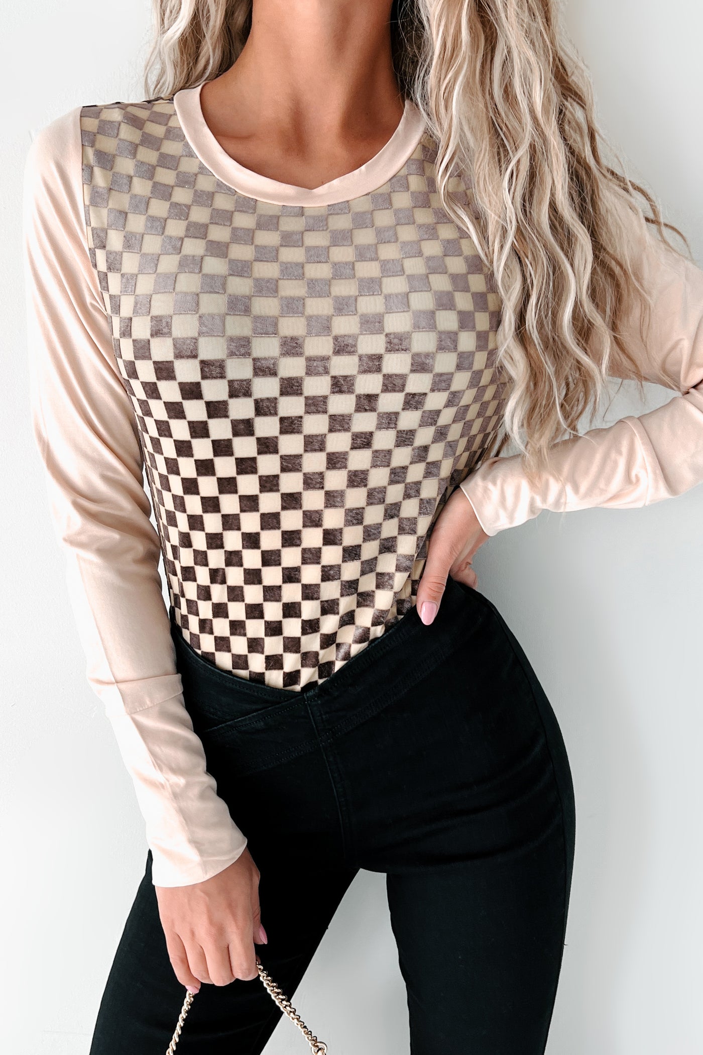 Chess Moves Velvet Checkered Bodysuit (Taupe) - NanaMacs