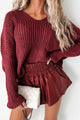 Fall Mixer V-Neck Oversized Sweater (Burgundy) - NanaMacs