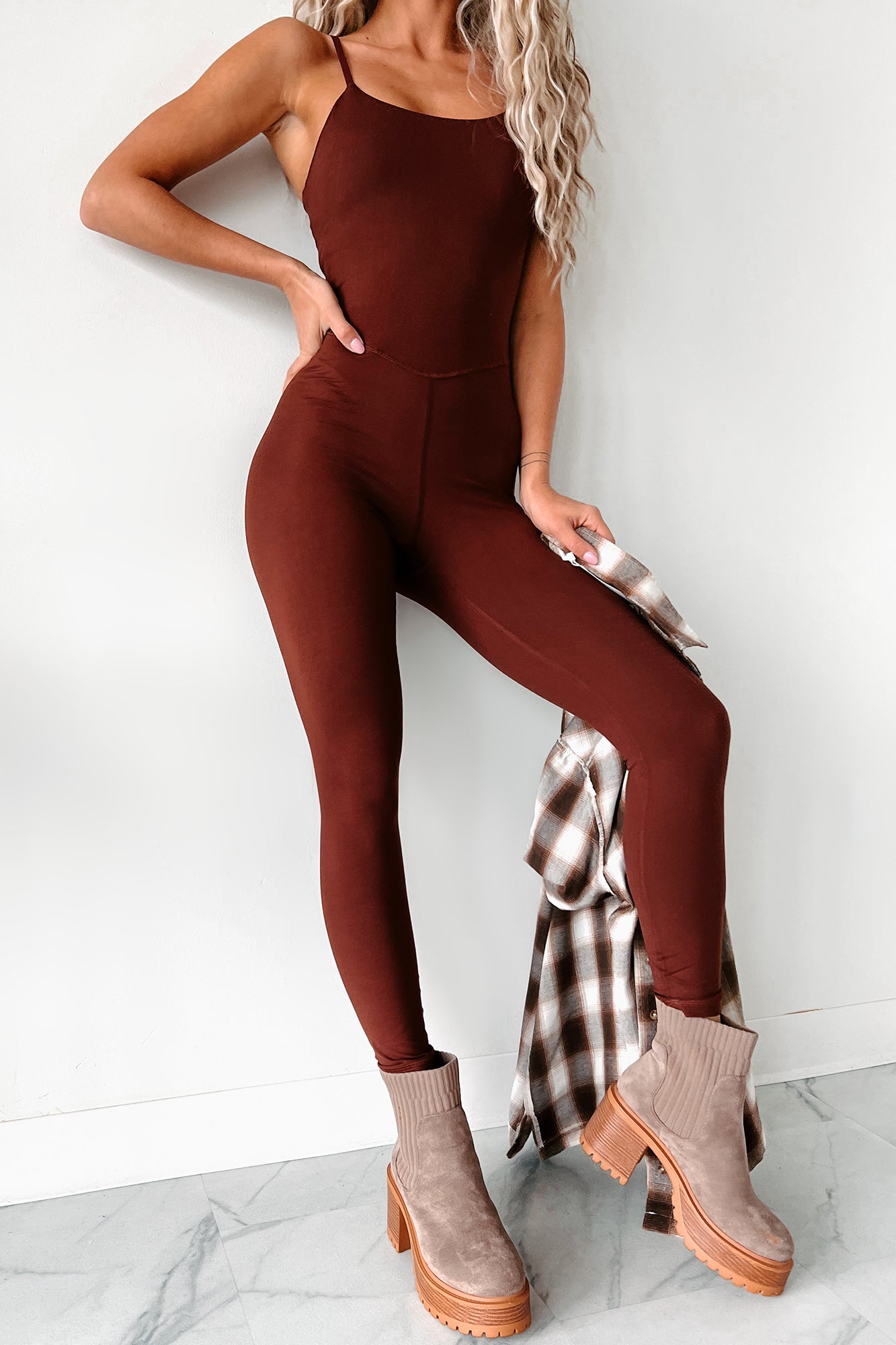 Winners Never Quit Fitted Cami Jumpsuit (Red Merlot) - NanaMacs