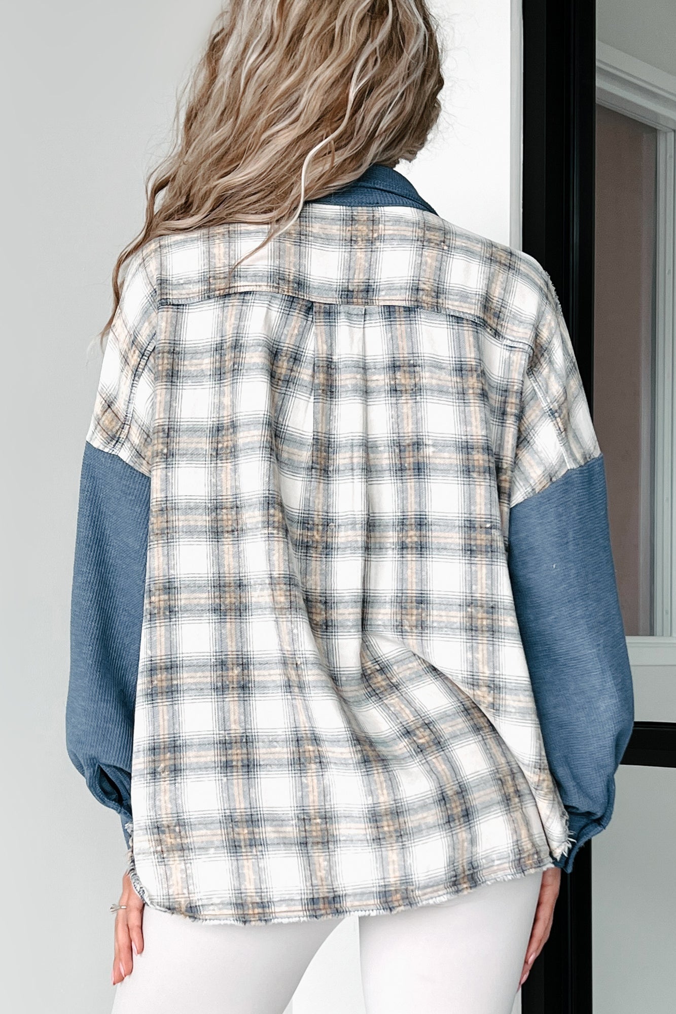 So Plaid You're Mine Waffle Plaid Shacket (Denim Blue) - NanaMacs