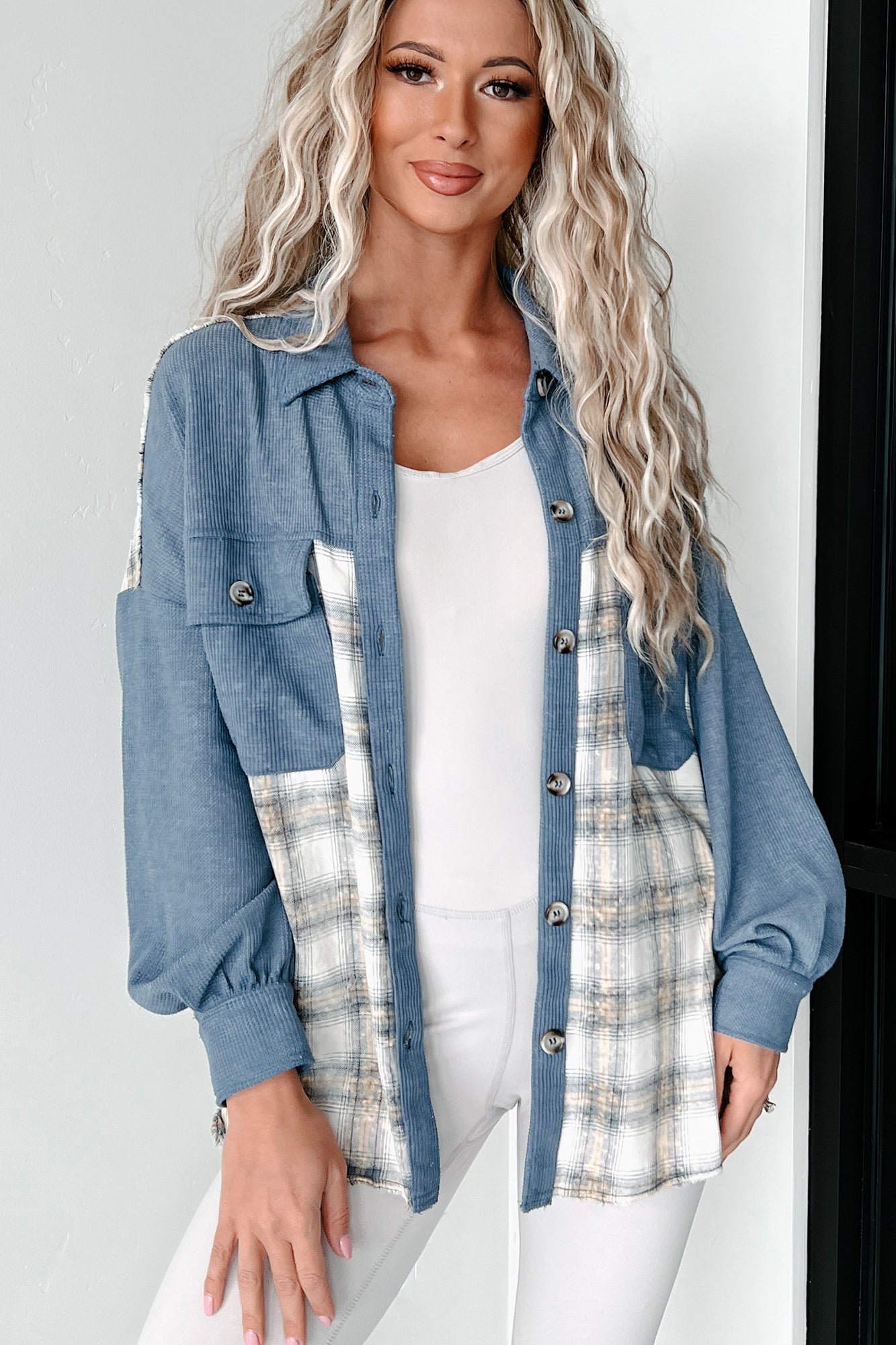 So Plaid You're Mine Waffle Plaid Shacket (Denim Blue) - NanaMacs