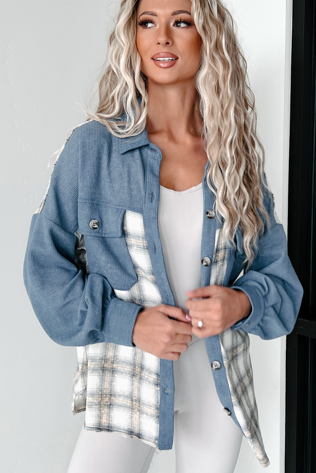 So Plaid You're Mine Waffle Plaid Shacket (Denim Blue) - NanaMacs