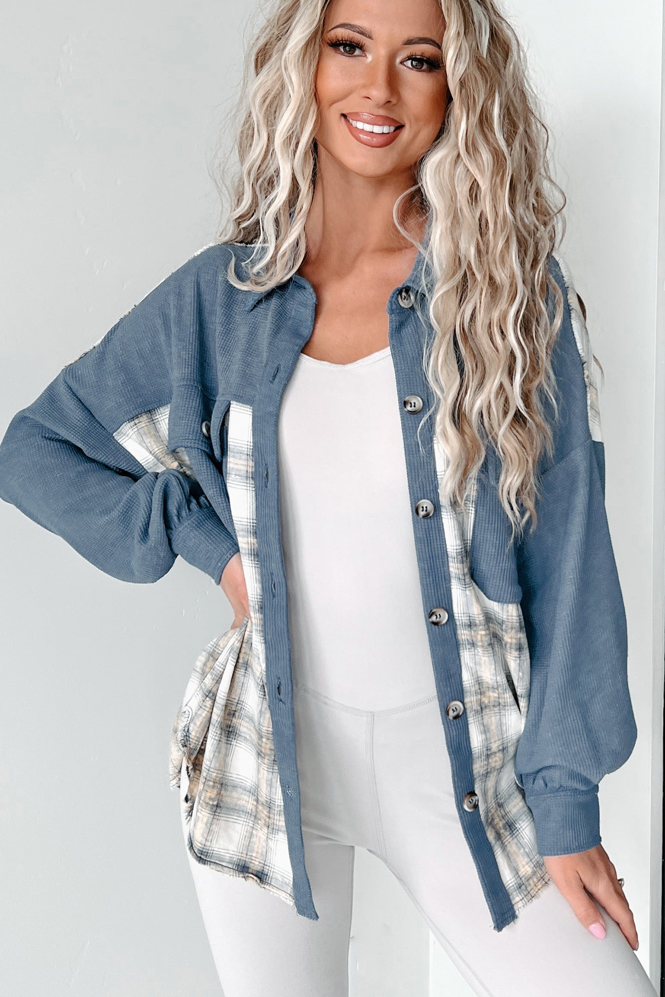 So Plaid You're Mine Waffle Plaid Shacket (Denim Blue) - NanaMacs