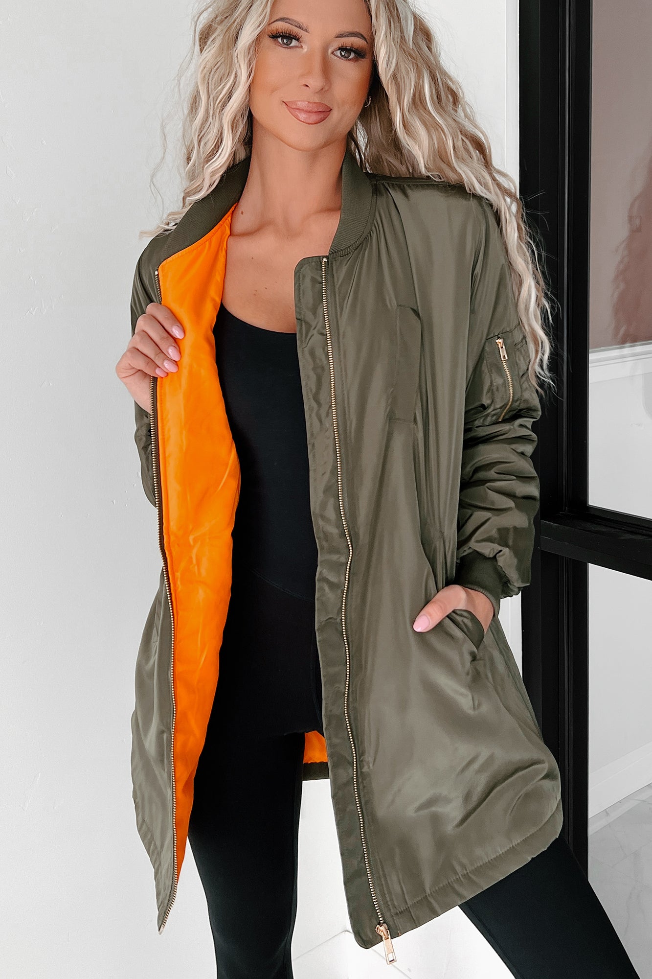 Coming In With Confidence Longline Bomber Jacket Olive