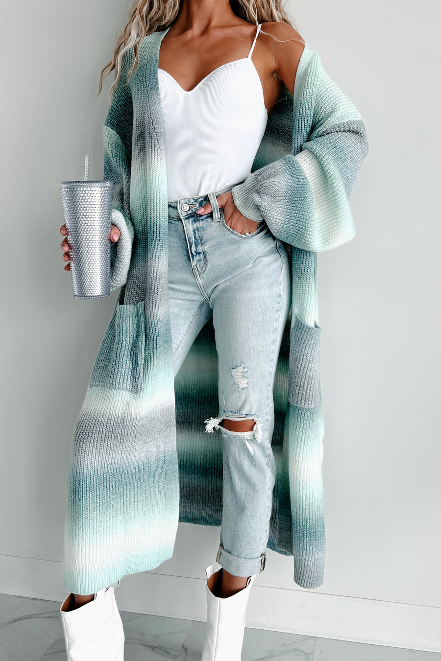 Embrace The Boho Ombre Duster Cardigan (Green/Grey Multi) - NanaMacs