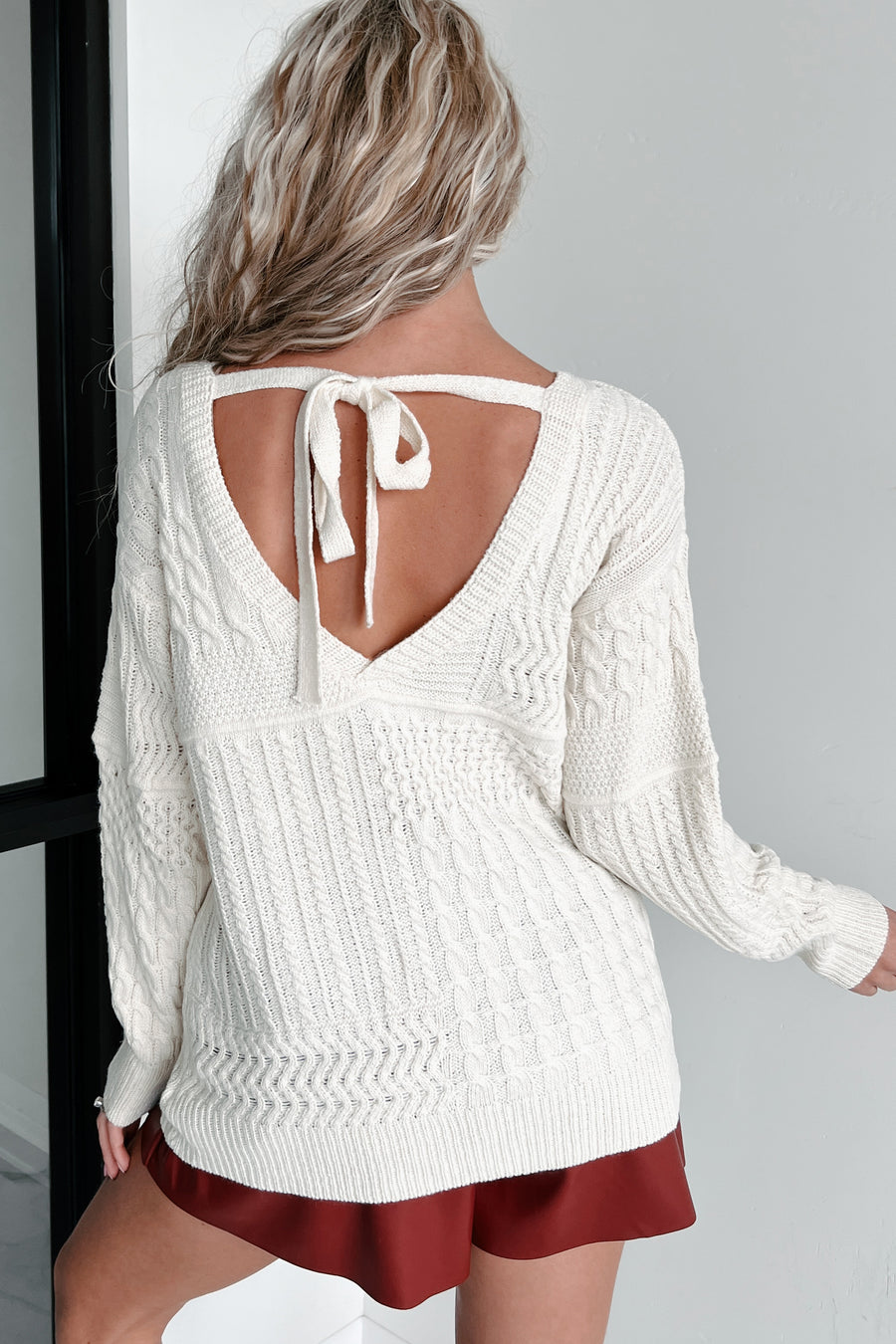 Finding Sanctuary Mixed Knit Tie-Back Sweater (Ivory) - NanaMacs