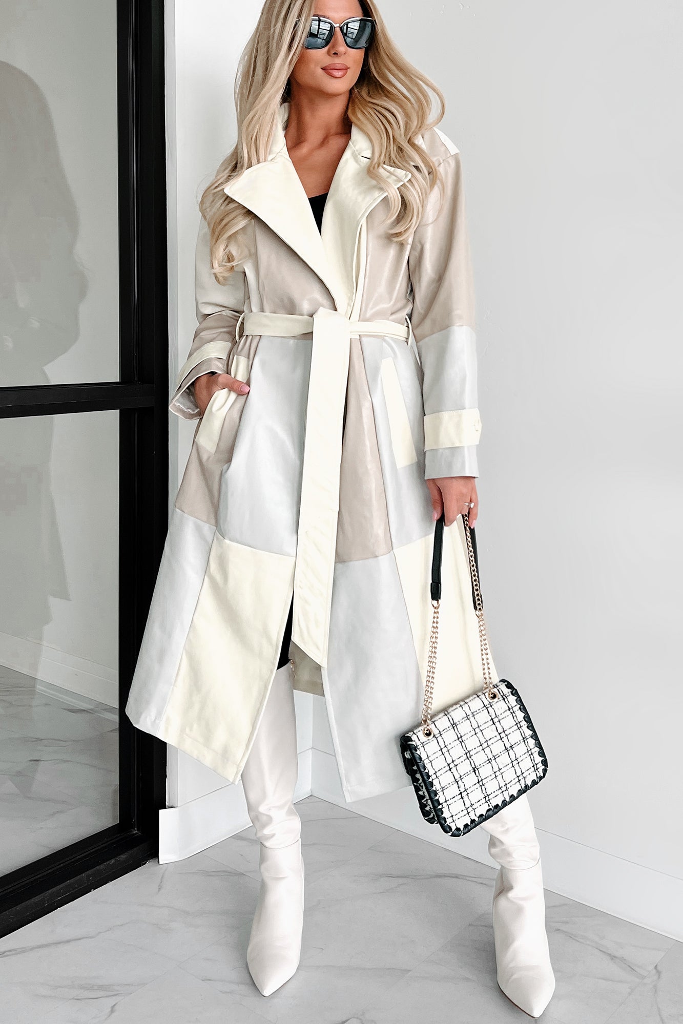 Never Too Much Faux Leather Colorblock Trench Coat (Cream Combo