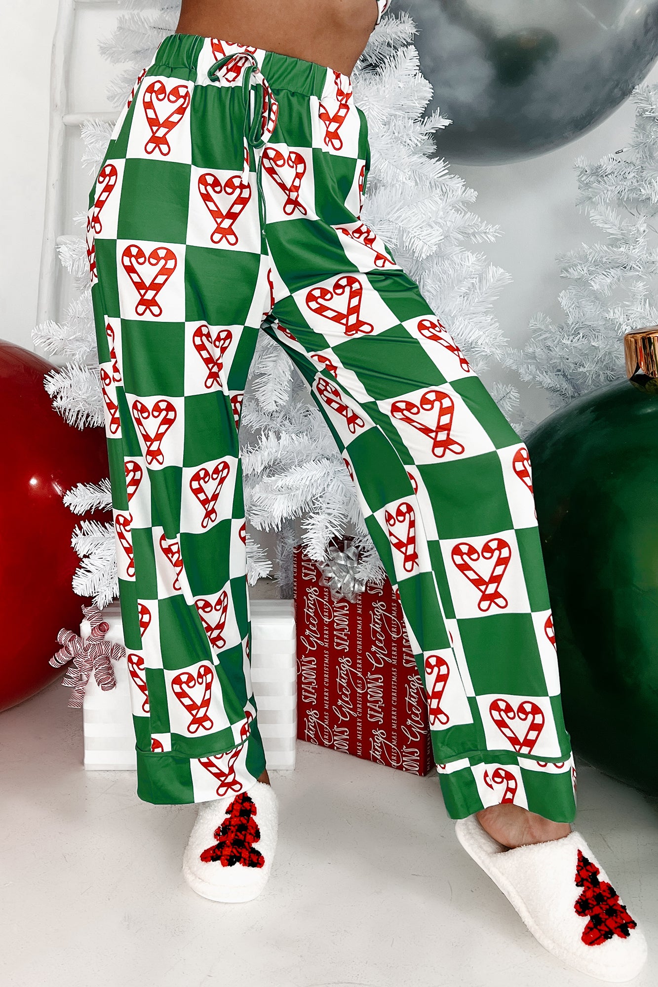 On Christmas Morning Candy Cane Printed Pajama Set (Green) - NanaMacs