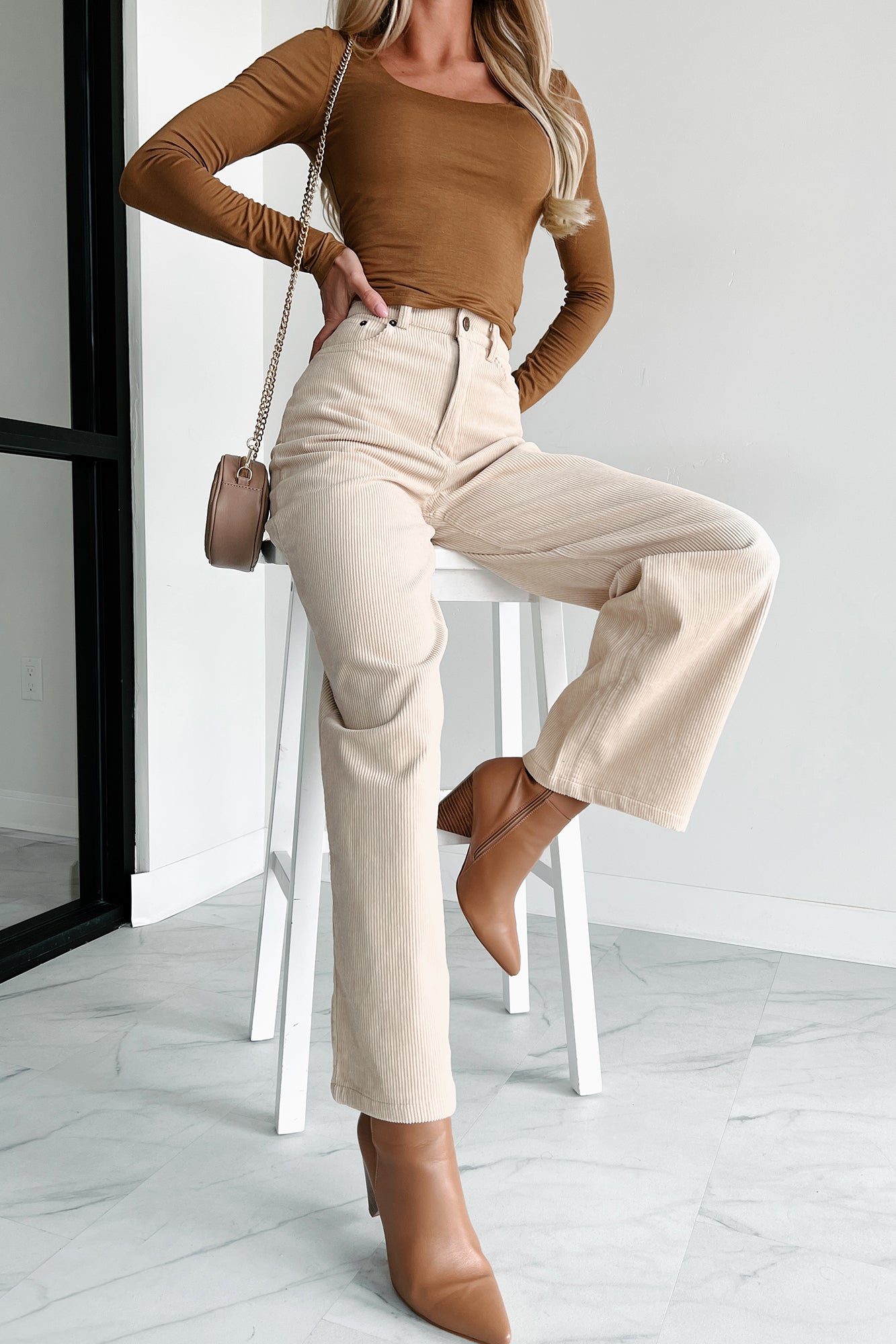 Satin High Waisted Belted Pant in Taupe