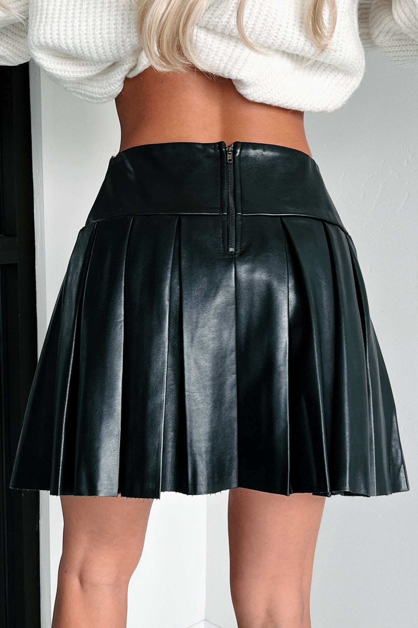 Surrender Your Secrets Pleated Faux Leather Skirt (Black)