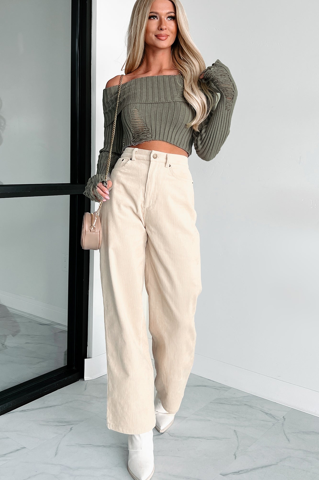 Edgy Instinct Off The Shoulder Distressed Crop Sweater (Olive) - NanaMacs