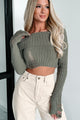 Edgy Instinct Off The Shoulder Distressed Crop Sweater (Olive) - NanaMacs