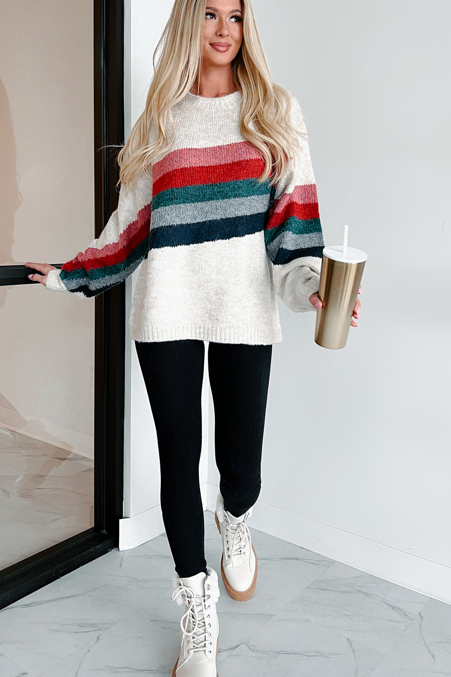 Doorbuster Colorful Language Oversized Striped Sweater (Oatmeal) - NanaMacs