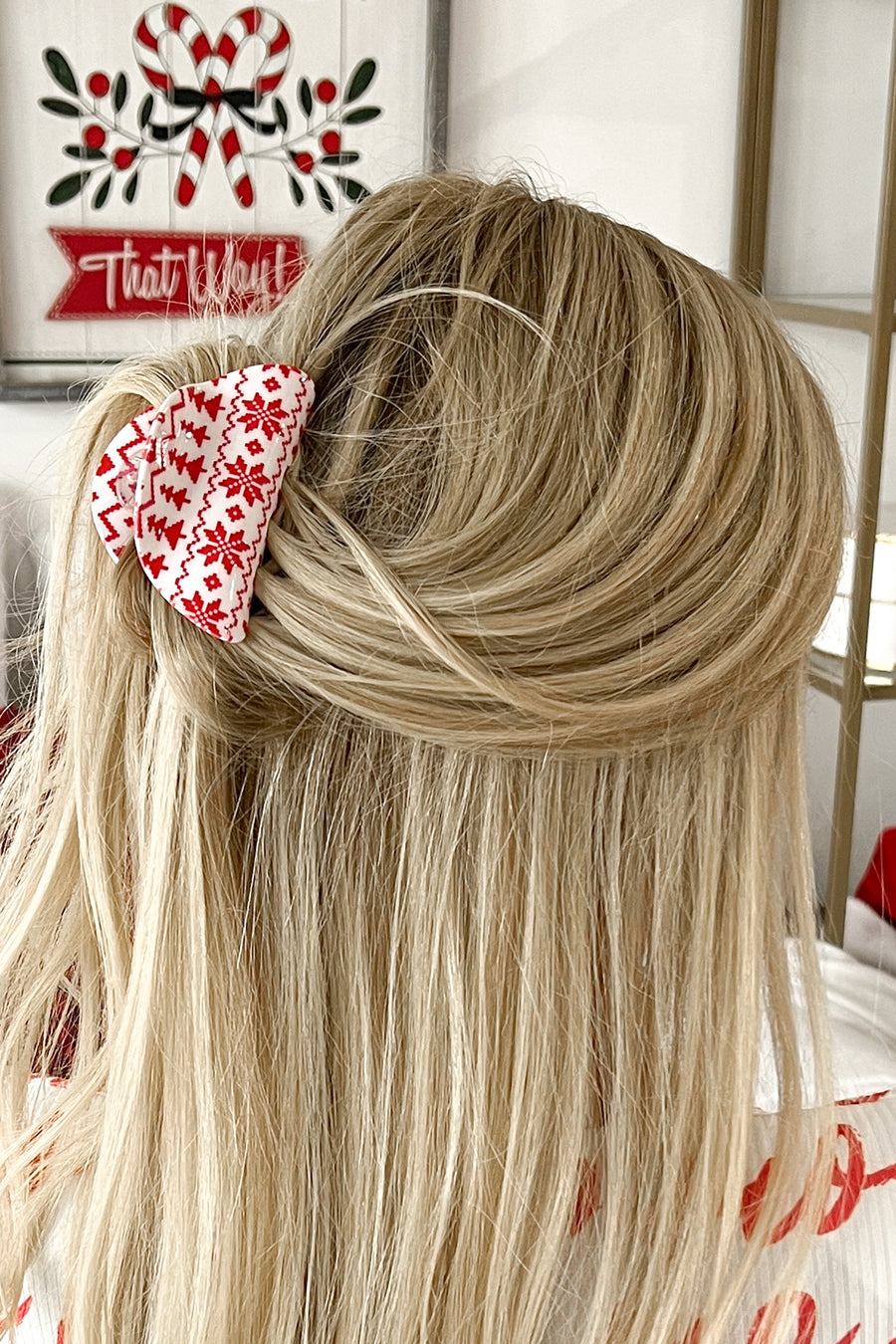 Make The Season Bright Holiday Theme Rounded Hair Clip (Red/White) - NanaMacs