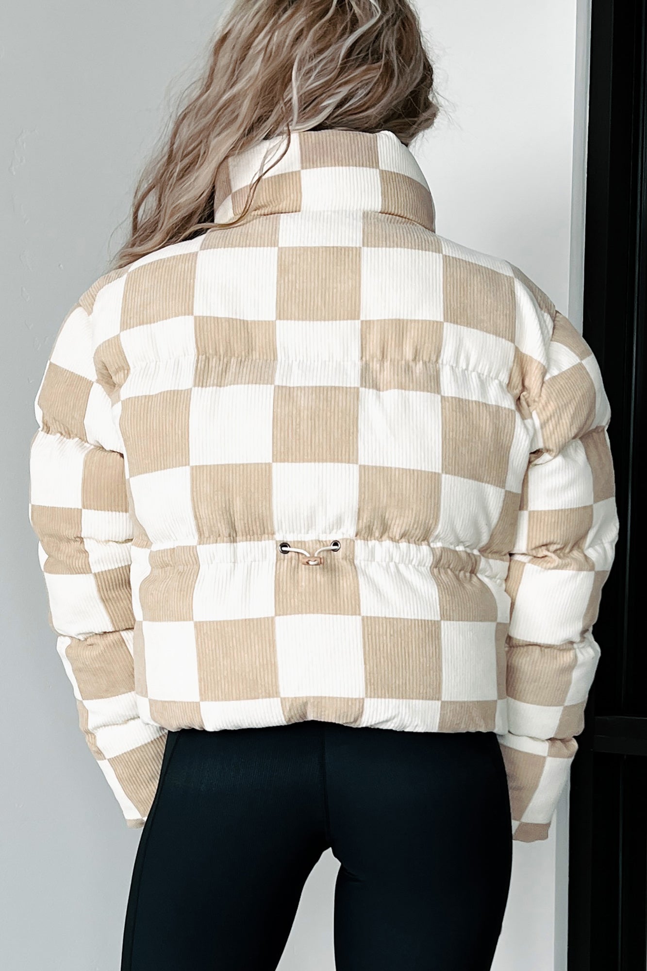 Surviving The Cold Checkered Corduroy Puffer Jacket (Sand/Cream) - NanaMacs