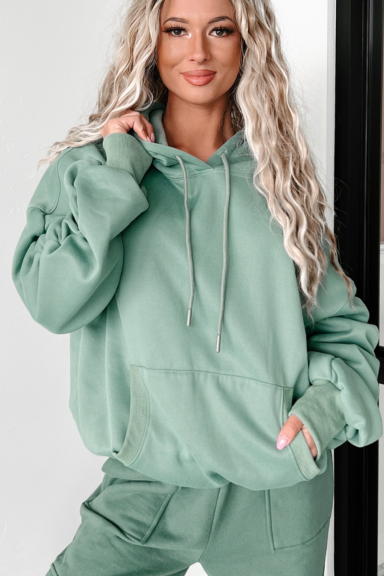 Escape The Real World Ruched Sleeve Hoodie (Olive) - NanaMacs