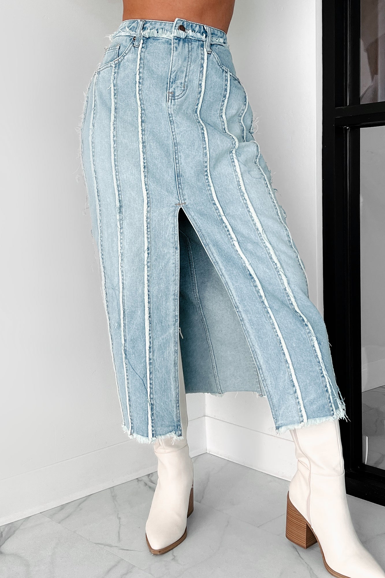 Neon green distressed denim skirt online