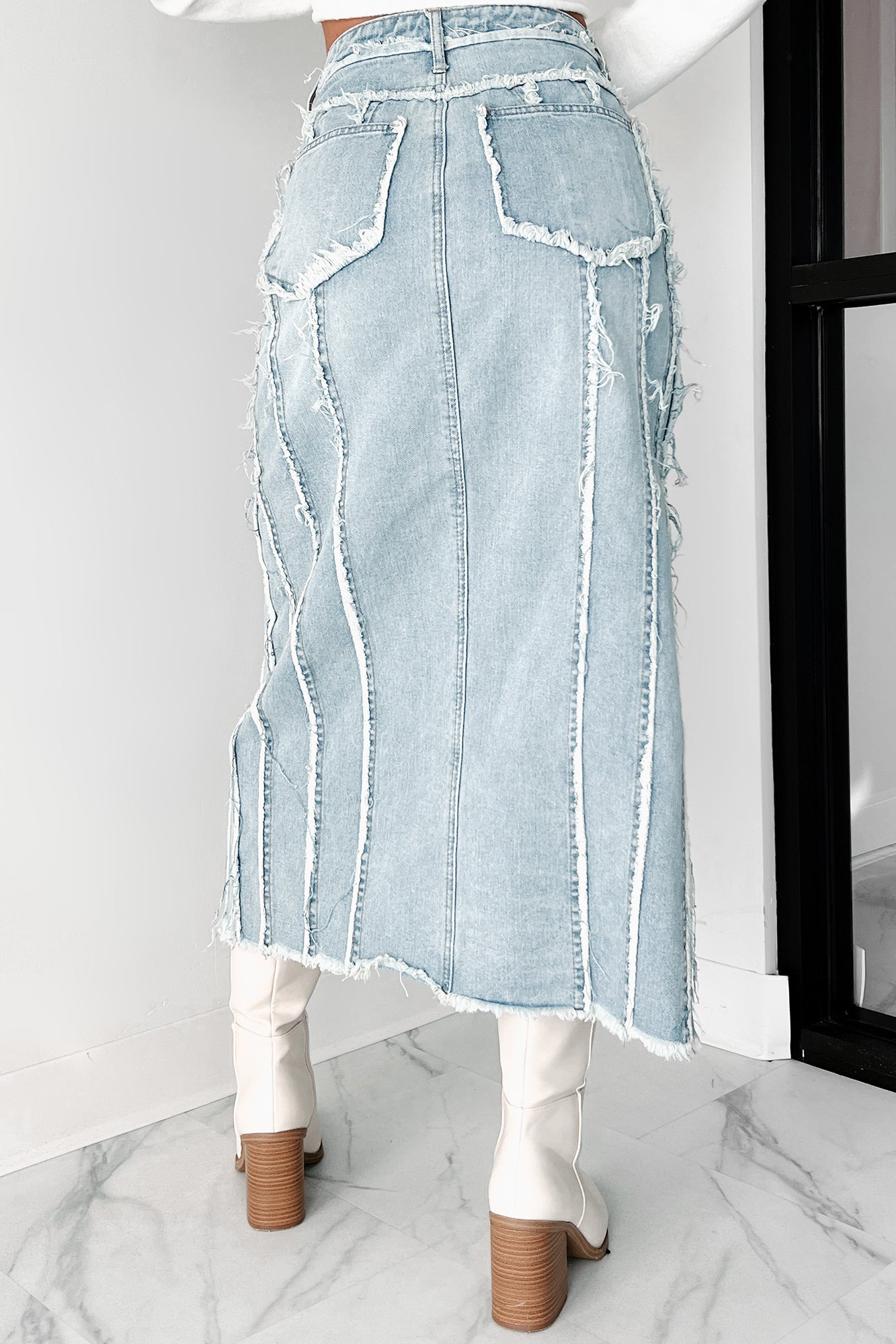 Hanging By A Thread Slit Front Distressed Denim Skirt (Light Wash) - NanaMacs
