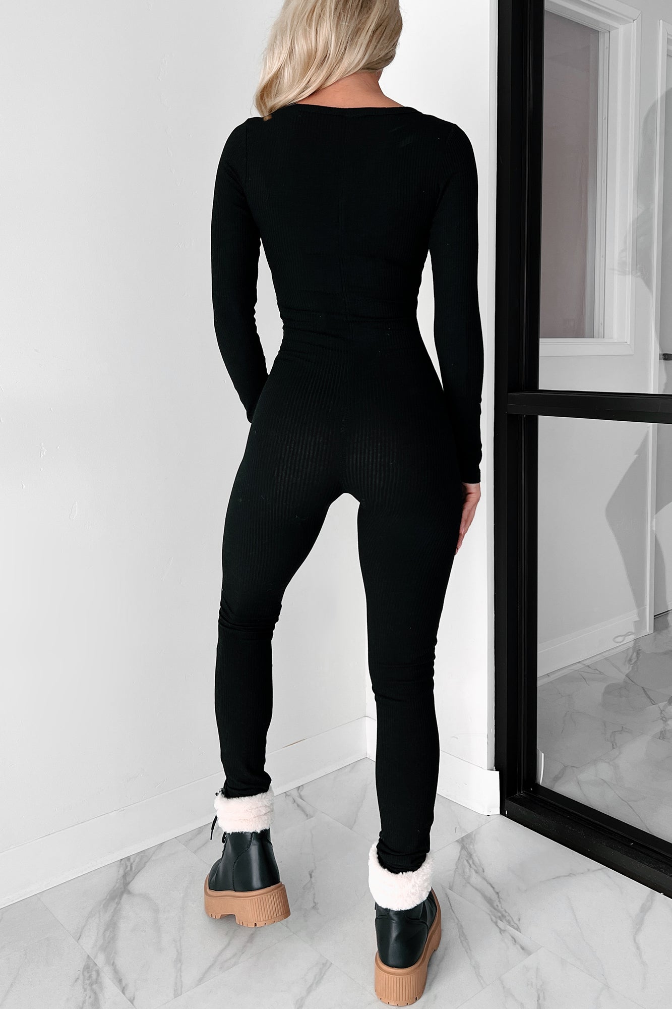 Ribbed Long-Sleeve Jumpsuit