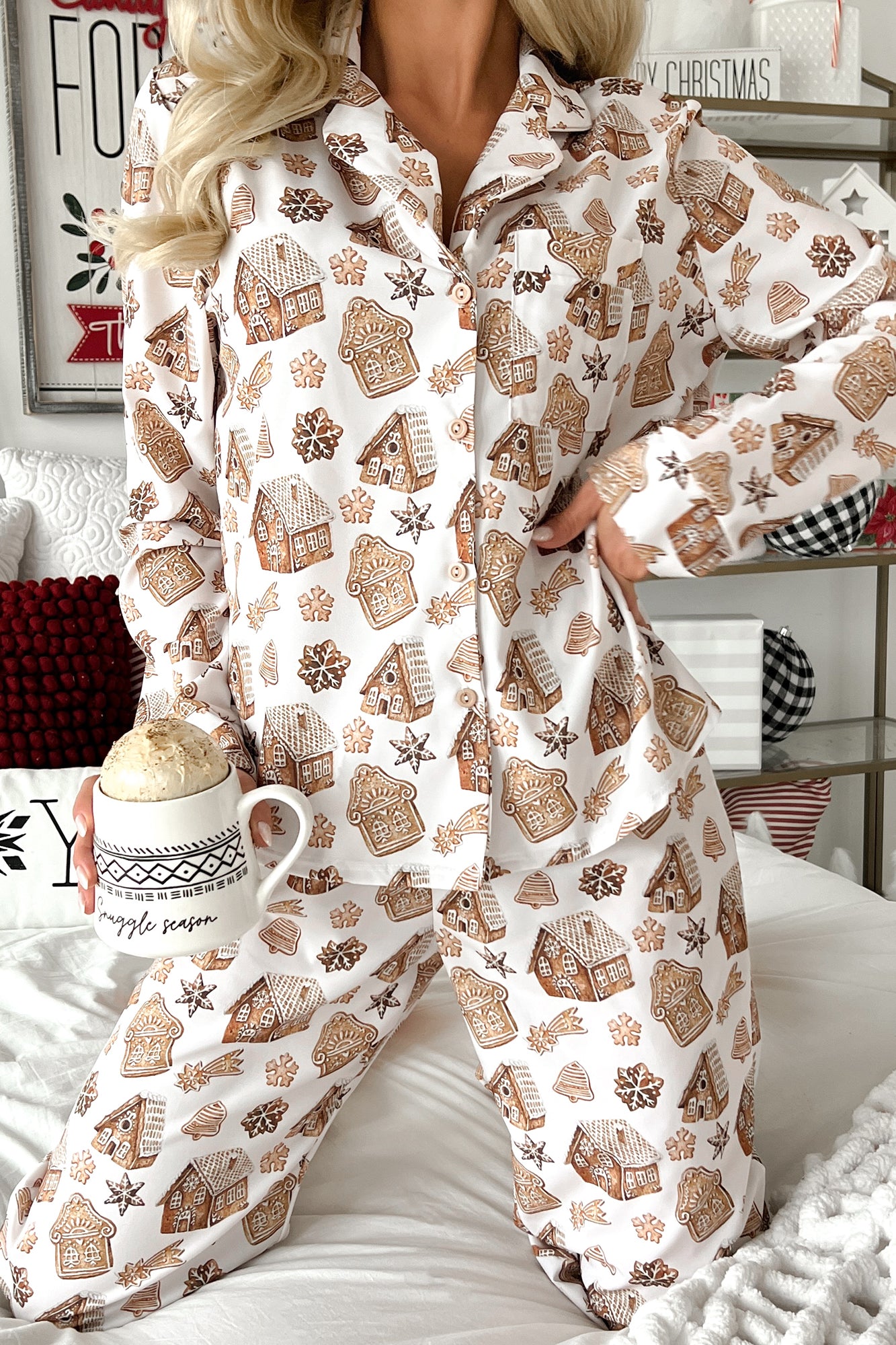 Holiday Traditions Silky Printed 3-Piece Pajama Set (Gingerbread Print) - NanaMacs