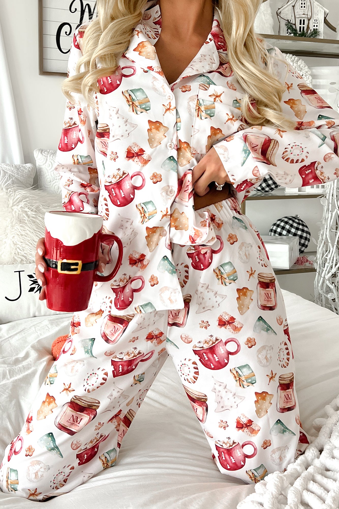 Holiday Traditions Silky 3-Piece Printed Pajama Set (NM Mugs Print) - NanaMacs