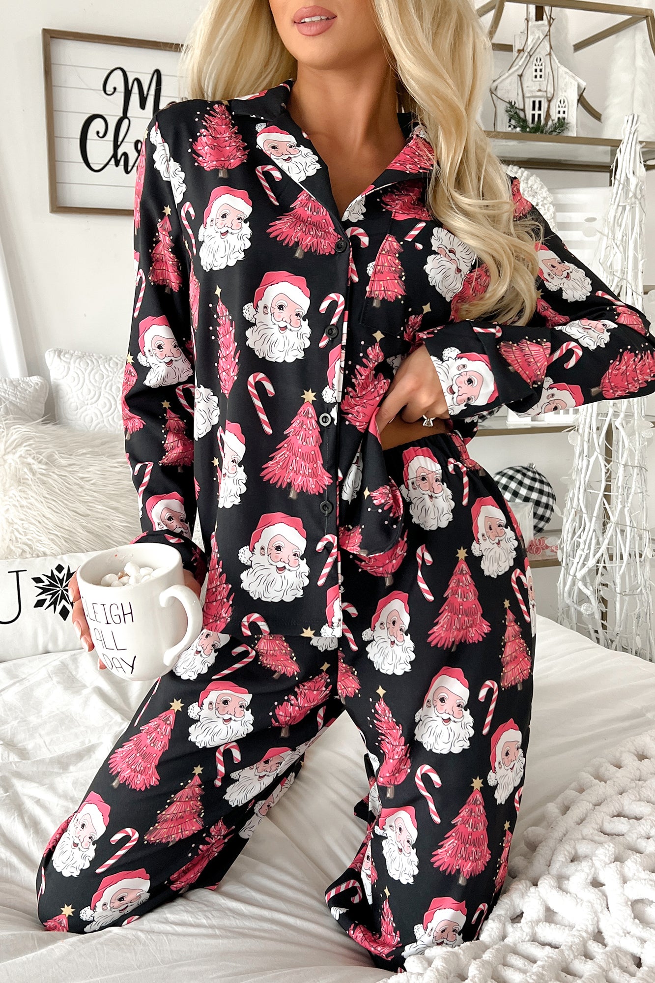 Holiday Traditions Silky 3-Piece Printed Pajama Set (Pink Santa Print) - NanaMacs