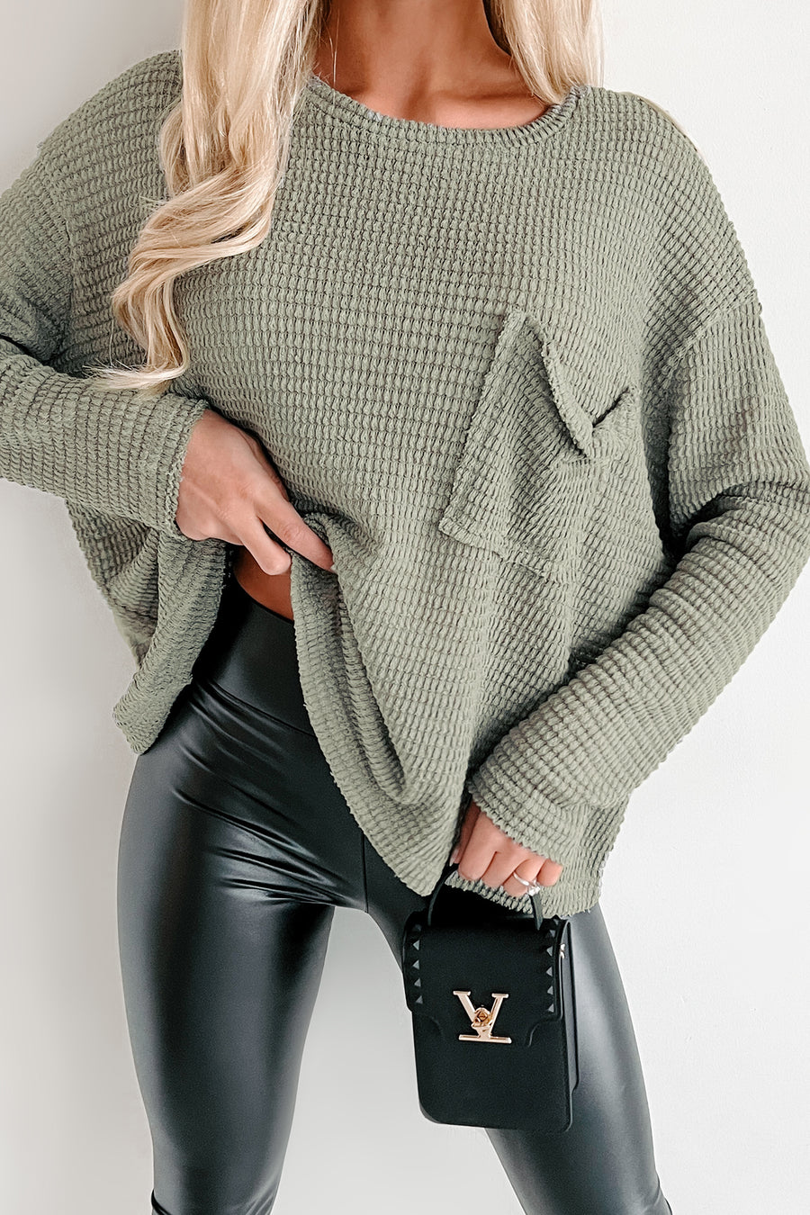 Doorbuster In A Chill Mood Oversized Waffle Knit Top (Light Olive) - NanaMacs